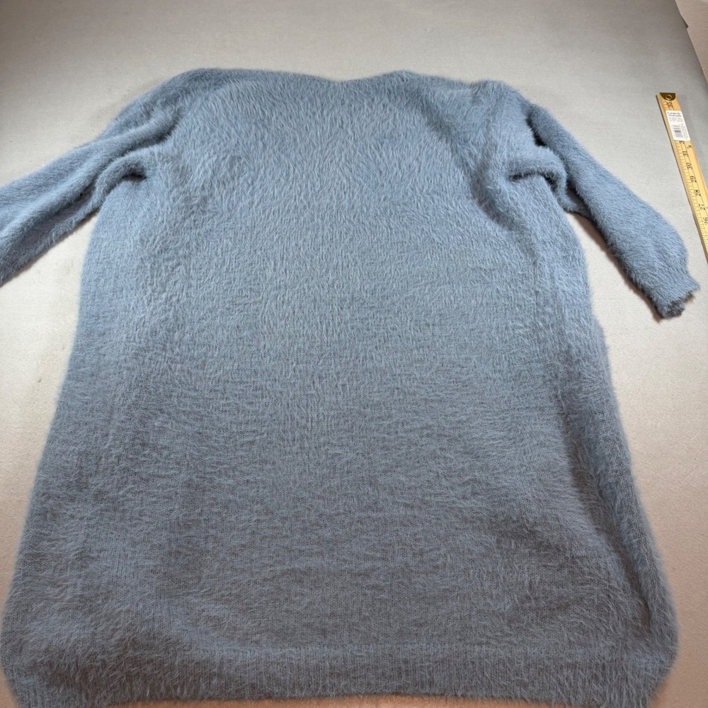 Davi & Dani Dusty Blue Fuzzy Eyelash Knit Open Front Cardigan with Pockets - Picture 3 of 6